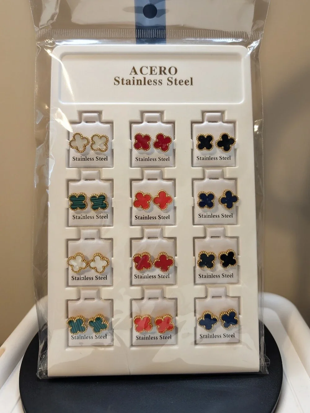 12 Pairs Clover Stainless Steel Stud Earrings| Colorful Gift Set| New